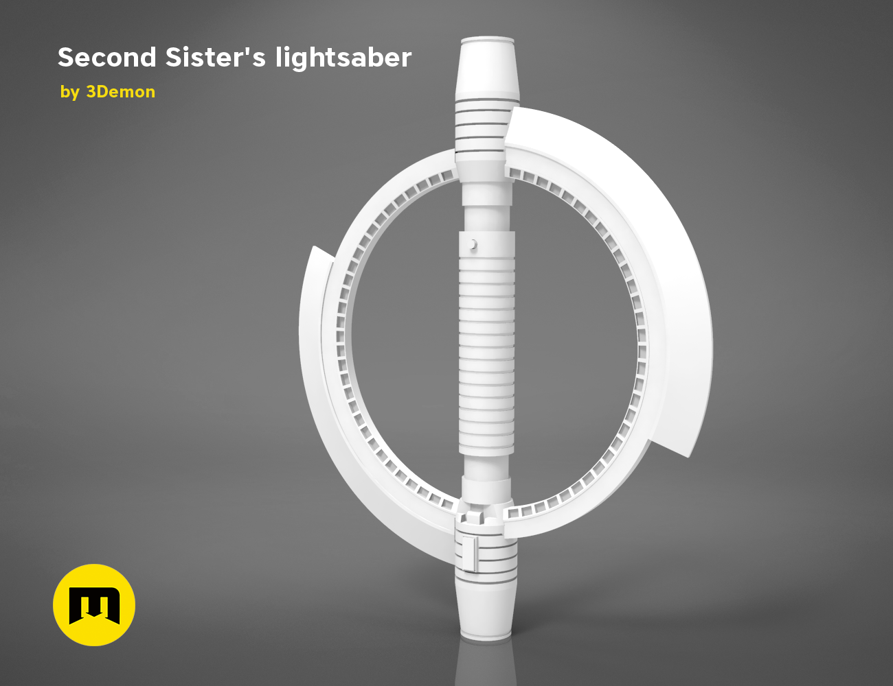 Digital 3D render of Second Sister's lightsaber - Star Wars, white hilt with ring detail, 3D print cosplay prop.