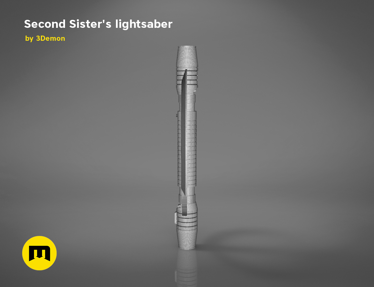 Digital 3D render of Second Sister’s lightsaber STL, grey mesh topology, Star Wars cosplay prop.