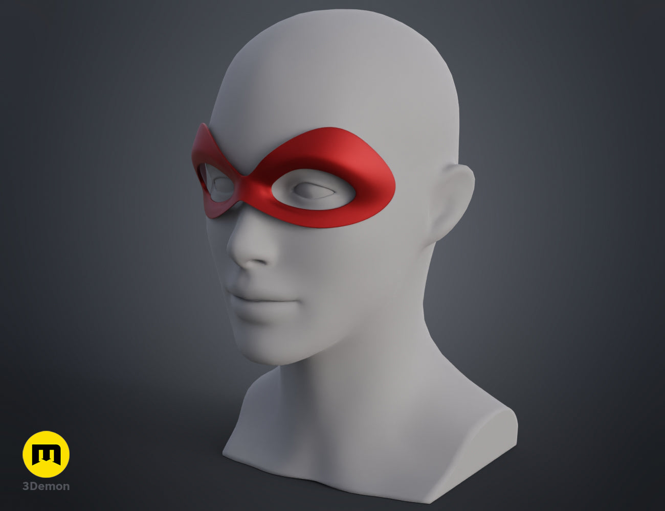 3D visualization of Harley Quinn mask STL, red domino eyes on white 3D print cosplay prop