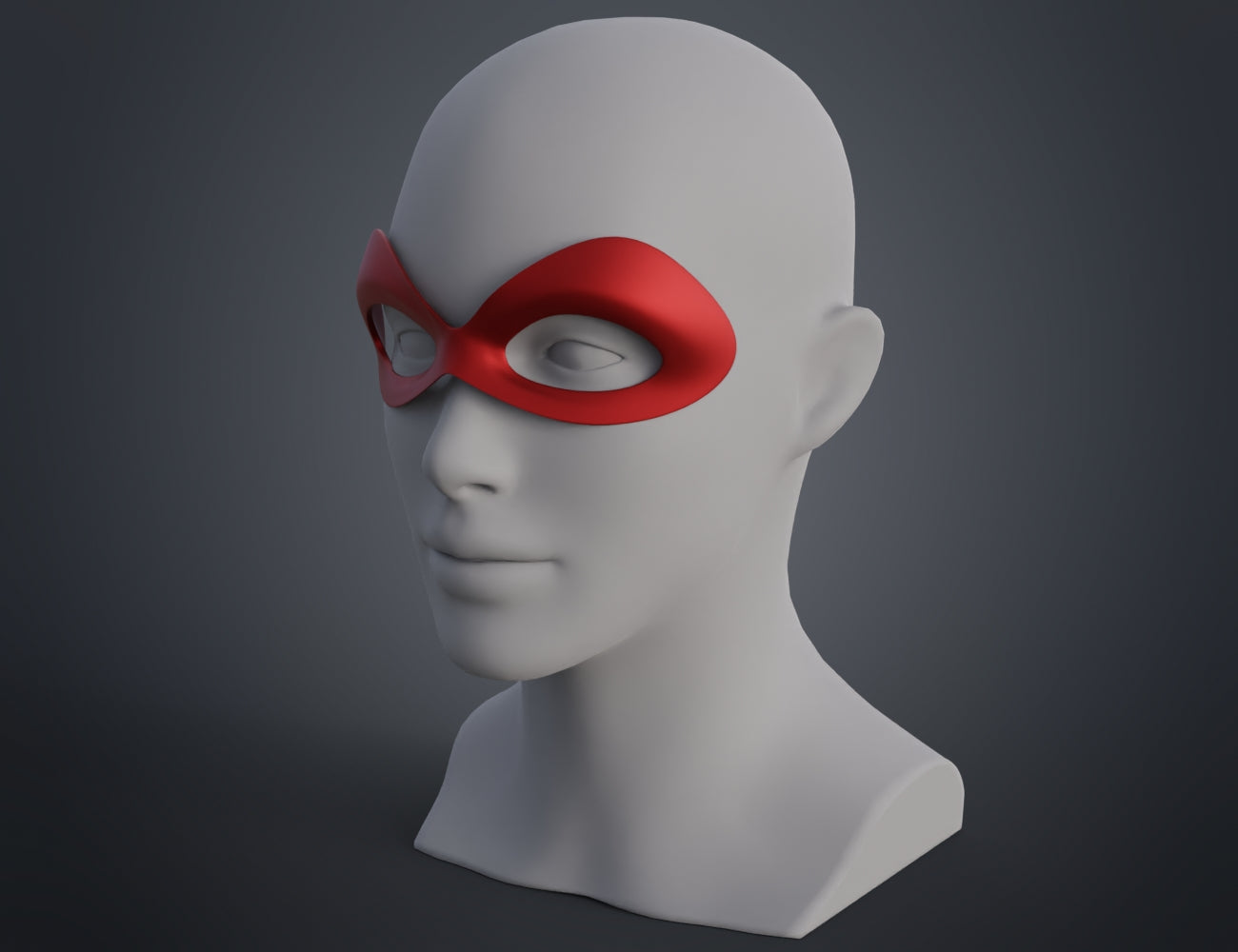 Digital 3D render of Harley Quinn mask STL, red domino-style eyewear, 3D print cosplay prop.