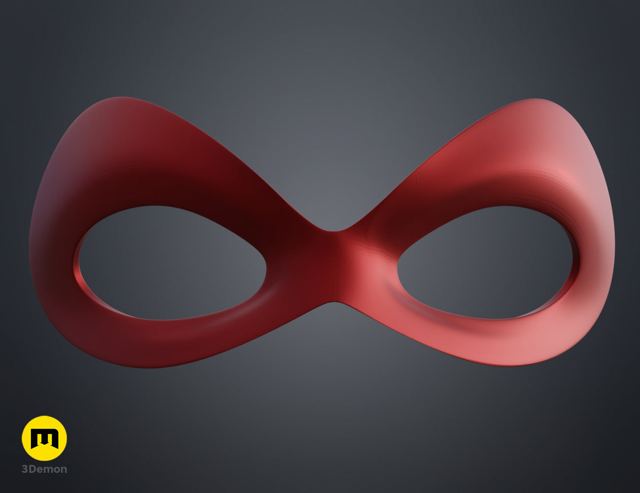 3D model render of Harley Quinn mask STL, red twisted 3D print cosplay prop, side view