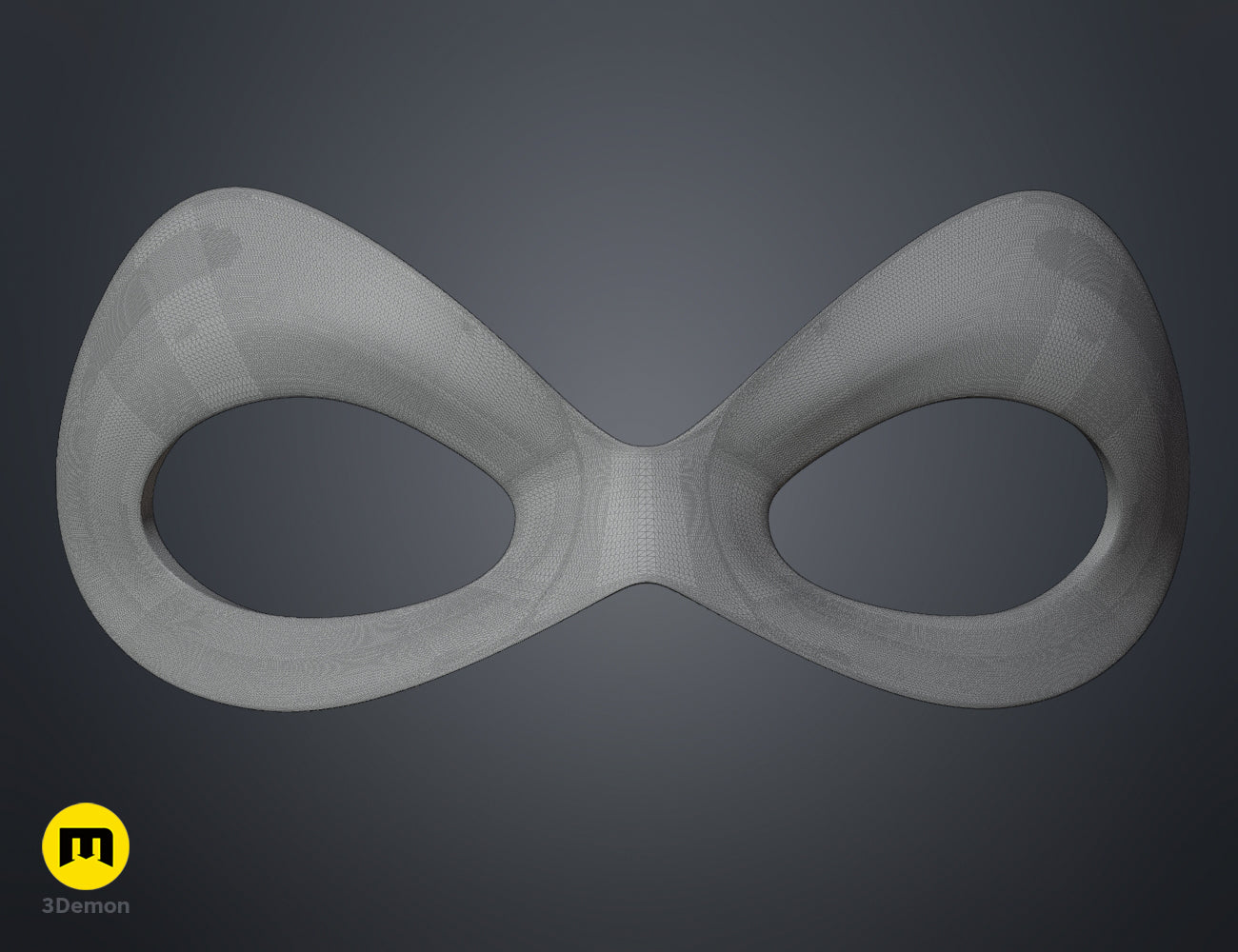 Wireframe mesh render of Harley Quinn mask STL, side view mesh topology, 3D print cosplay prop