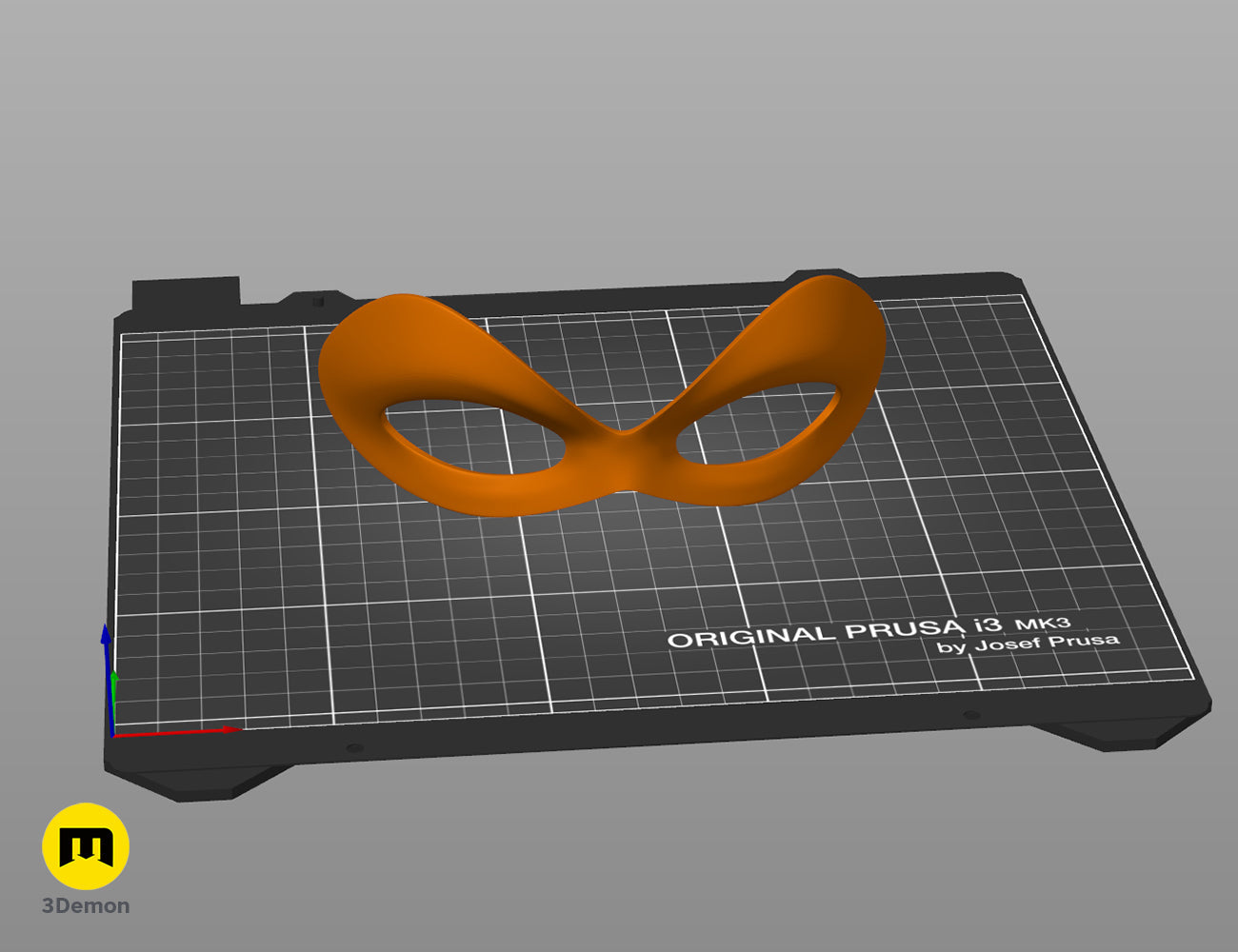 Slicer screenshot of Harley Quinn mask STL, orange slicer preview on Original Prusa i3 MK3 bed