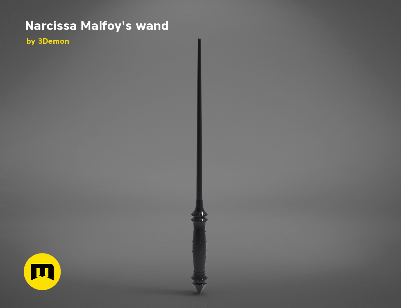 CGI render of Narcissa Malfoy’s Wand STL, sleek black 3D print cosplay prop, side view.