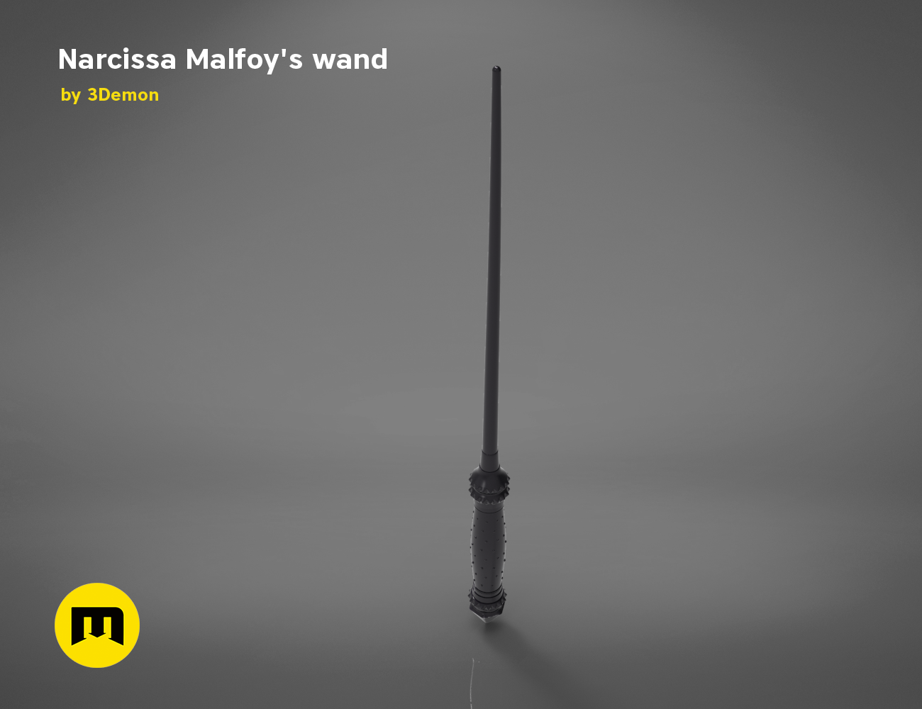 Rendered 3D model of Narcissa Malfoy’s Wand STL, sleek black wand with ornate silver base, 3D print cosplay prop.