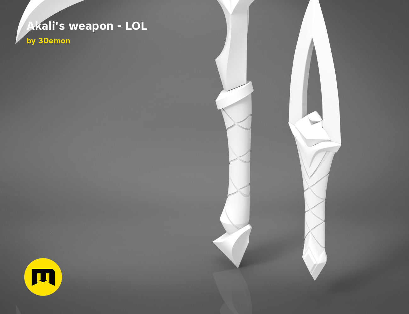 KDA Akali’s Weapons STL, dual curved blades mesh render, 3D print cosplay prop