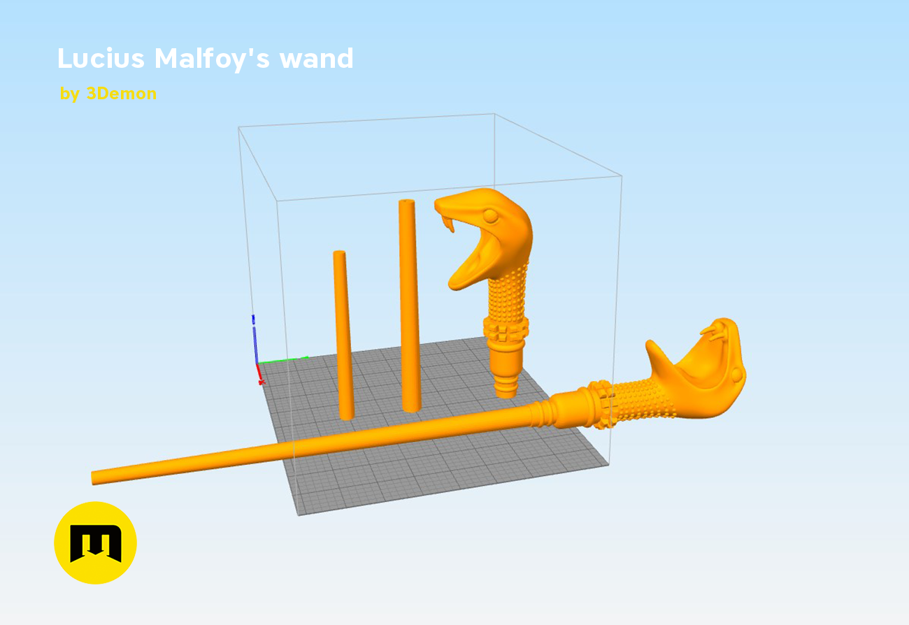 Slicer screenshot of Lucius Malfoy’s Wand STL, orange parts on print bed, 3D print cosplay prop