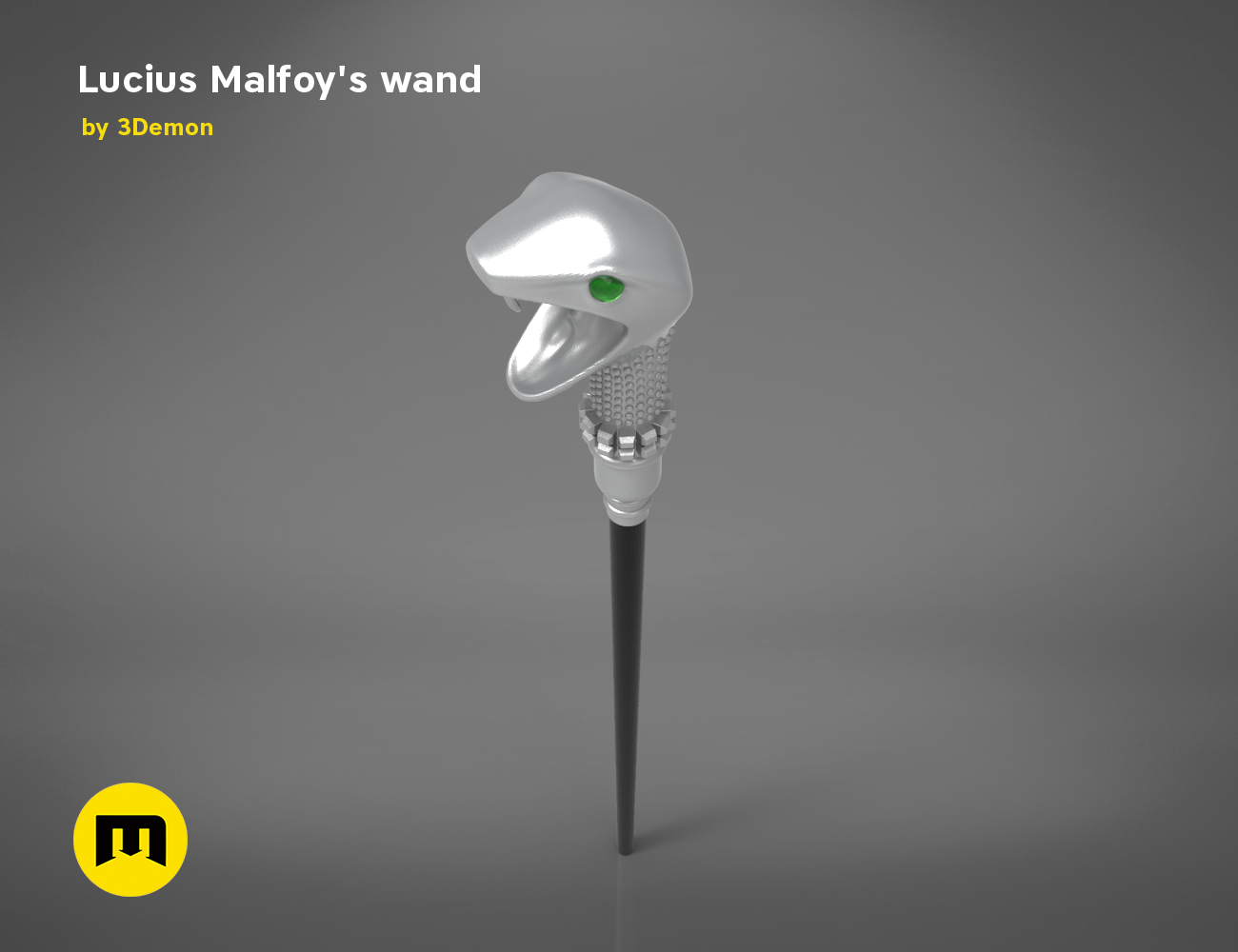 3D visualization of Lucius Malfoy’s Wand STL, white snake-tip wand with green eye, 3D print cosplay prop