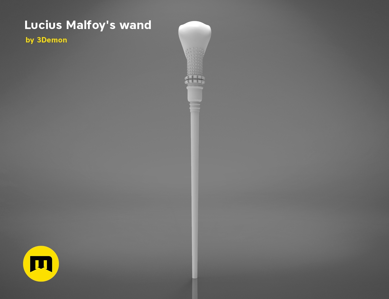 3D model render of Lucius Malfoy’s Wand STL, sleek white 3D printed cosplay prop, side view