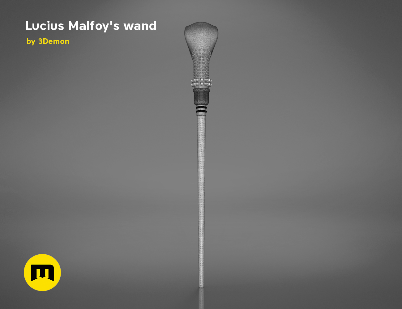 Printable 3D model of Lucius Malfoy’s Wand, silver textured 3D print cosplay prop, detailed tip.