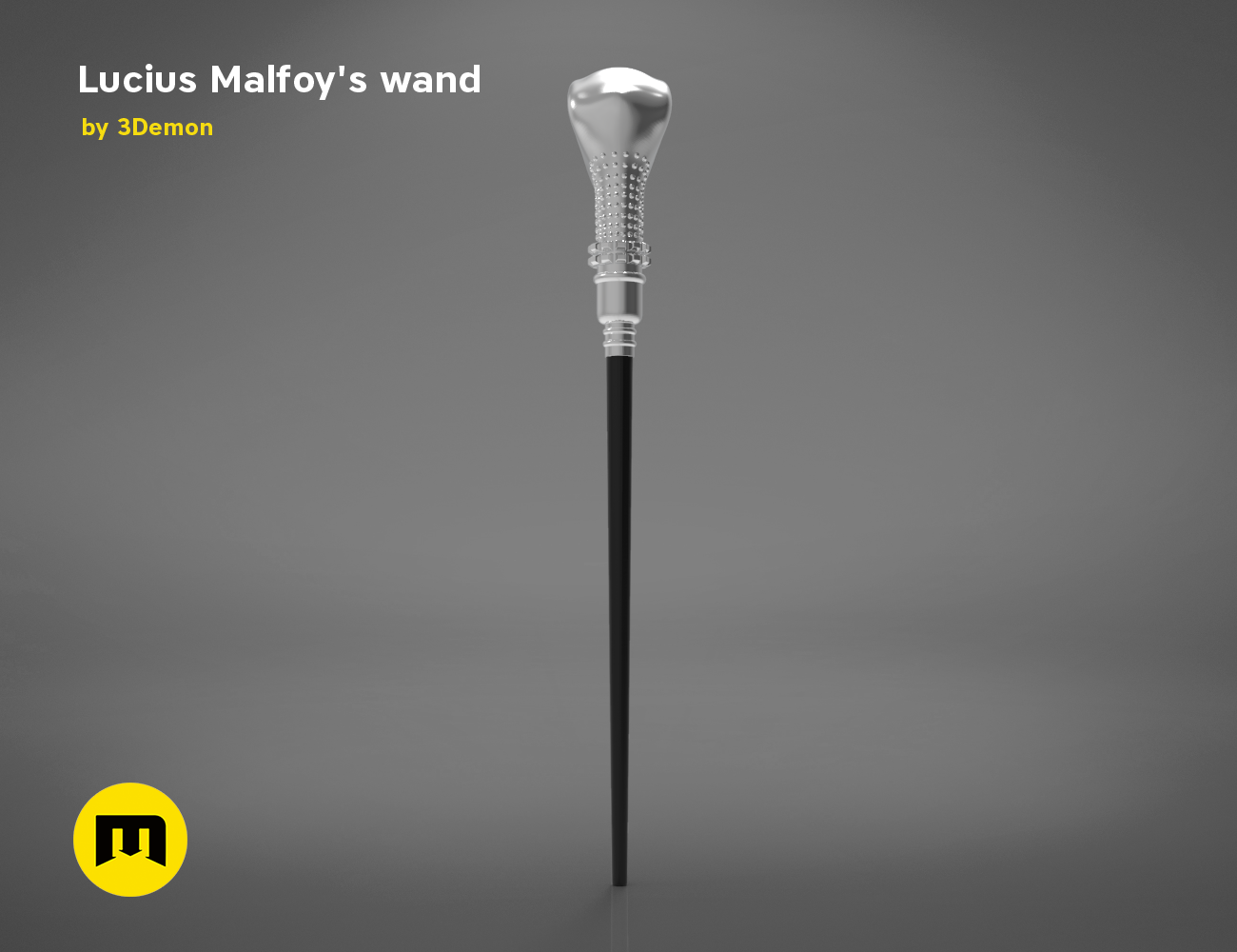Printable 3D model of Lucius Malfoy’s Wand, silver-tipped 3D print cosplay prop, polished finish.