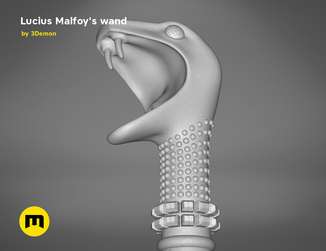 Wireframe mesh render of Lucius Malfoy’s Wand STL, detailed serpent handle and gem-encrusted hilt, 3D print cosplay prop