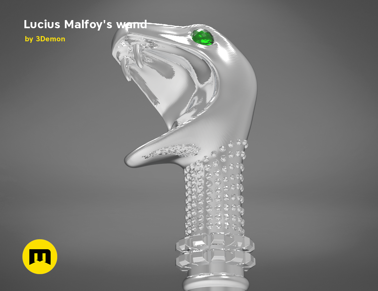 STL preview of Lucius Malfoy’s Wand, silver 3D printed cosplay prop with emerald tip and beaded details