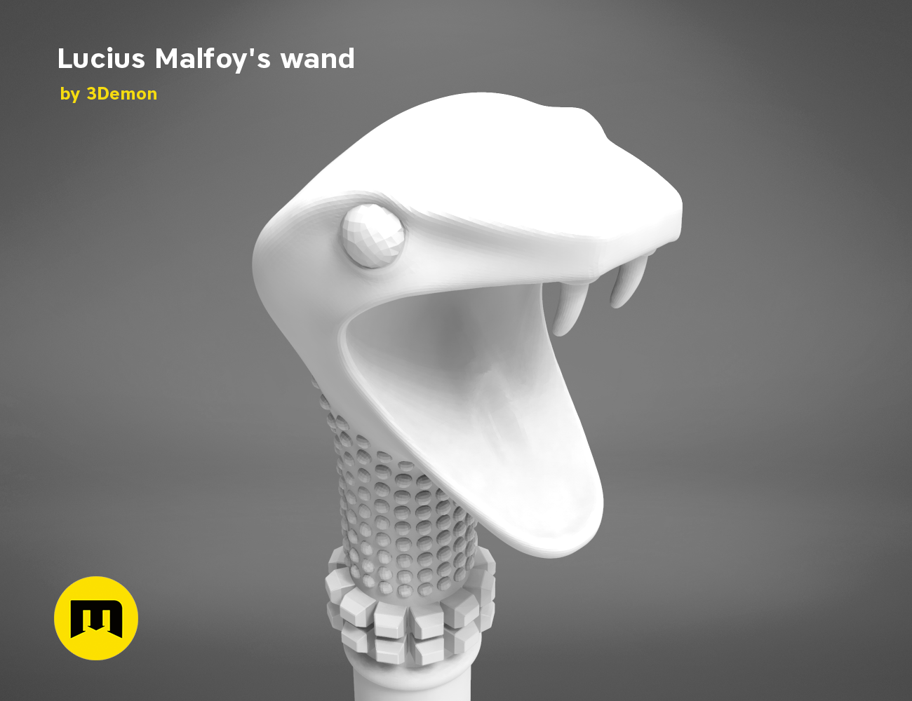 3D model of Lucius Malfoy’s Wand STL, white textured 3D print cosplay prop, detailed serpent handle