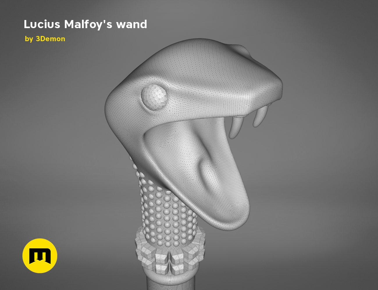 Wireframe mesh render of Lucius Malfoy’s Wand STL, detailed serpent head mesh, 3D print cosplay prop