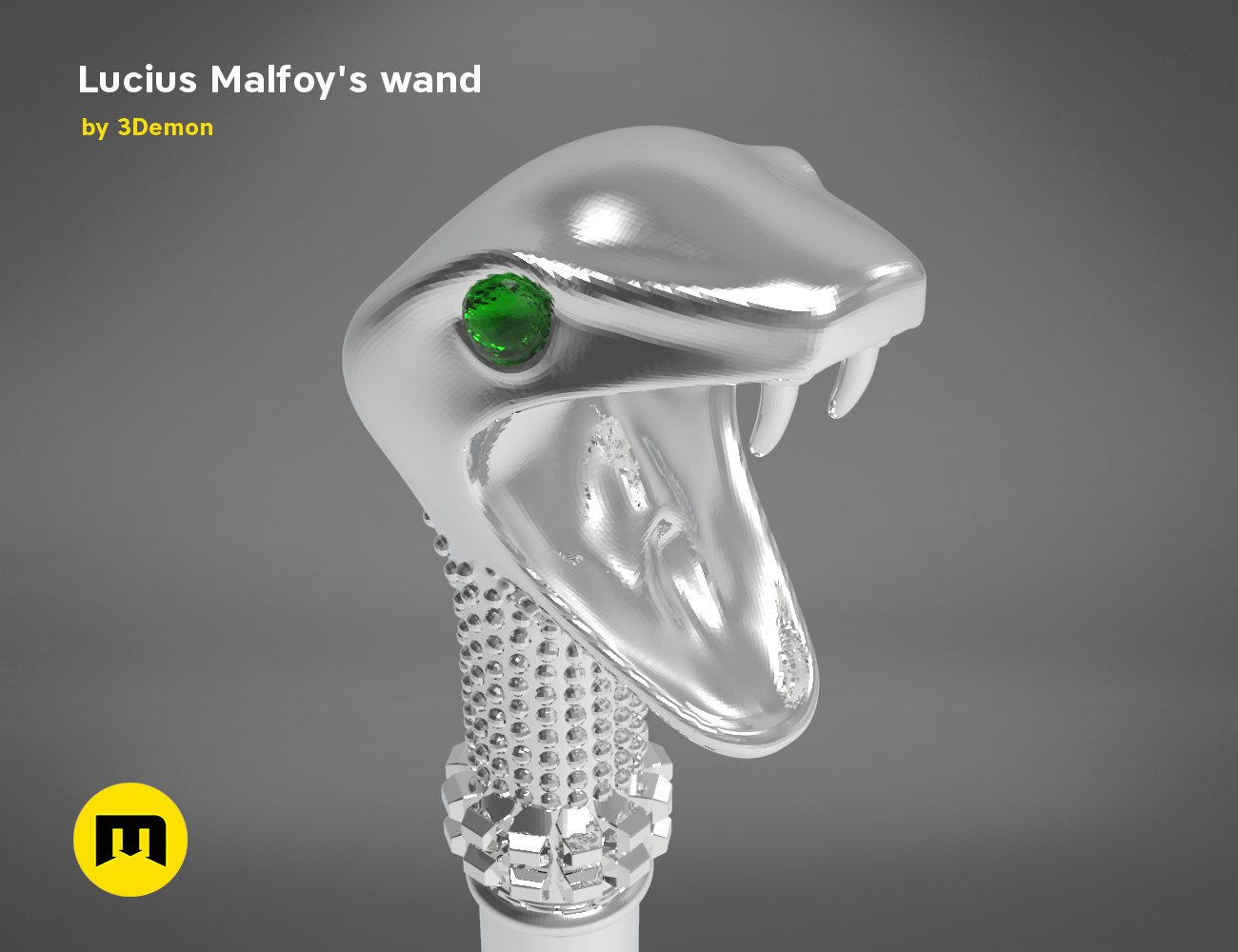 3D model render of Lucius Malfoy’s Wand STL, silver snake-head cosplay prop with green gem, 3D print
