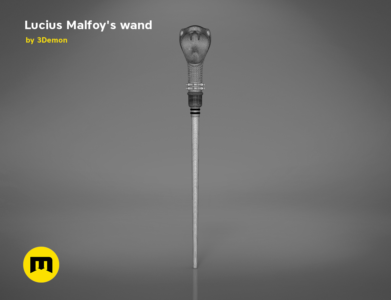 Painted 3D render of Lucius Malfoy’s Wand, silver textured cosplay prop, detailed tip.