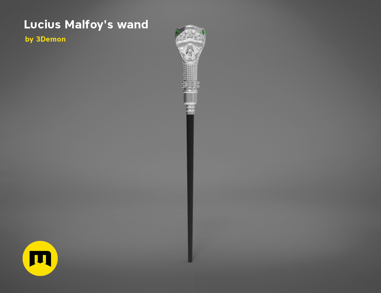 Painted 3D render of Lucius Malfoy’s Wand, silver hilt with green gem, 3D print cosplay prop.