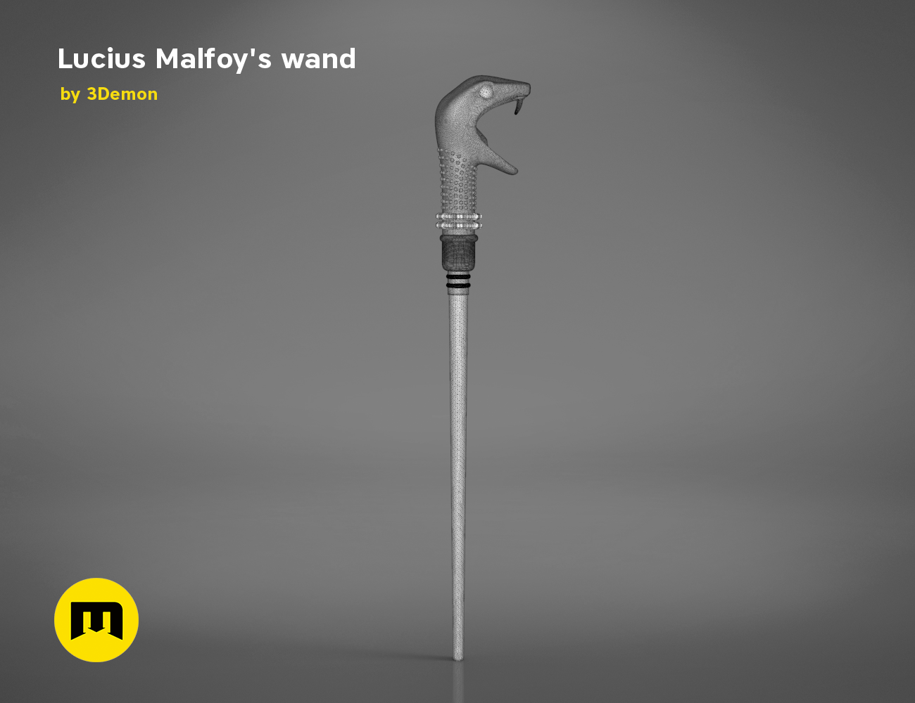 CAD render of Lucius Malfoy’s Wand STL, silver snake-tip wand with detailed 3D print cosplay prop.