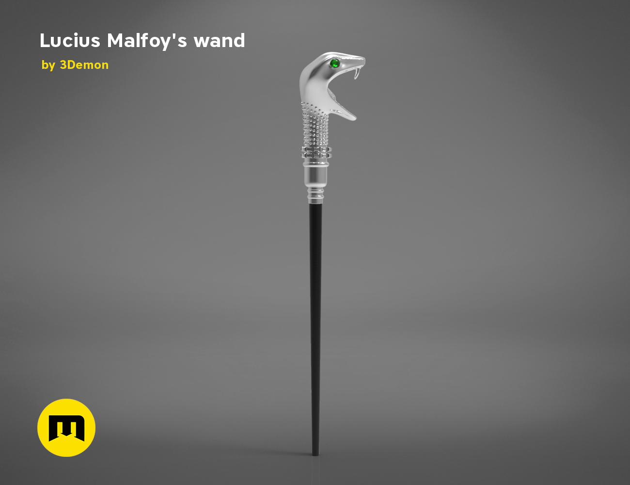 CAD render of Lucius Malfoy’s Wand STL, silver snake-head wand with emerald eyes, 3D print cosplay prop