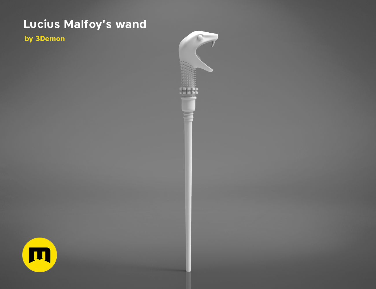 Painted 3D render of Lucius Malfoy’s Wand STL, white snake-tip wand, 3D print cosplay prop.
