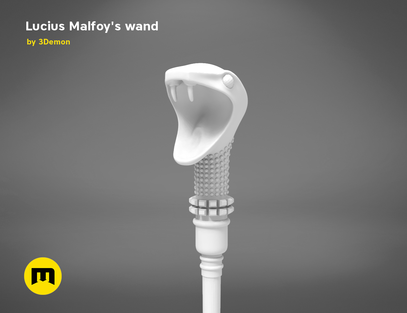 Digital 3D render of Lucius Malfoy’s Wand STL, white snake-tip cosplay prop, 3D printed.