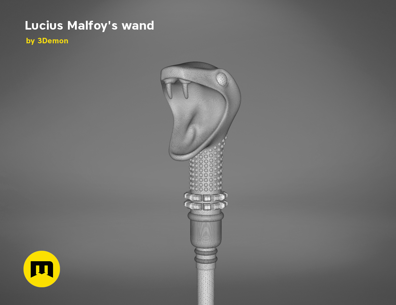 3D model of Lucius Malfoy’s Wand STL, snake-head hilt with textured scales, 3D print cosplay prop