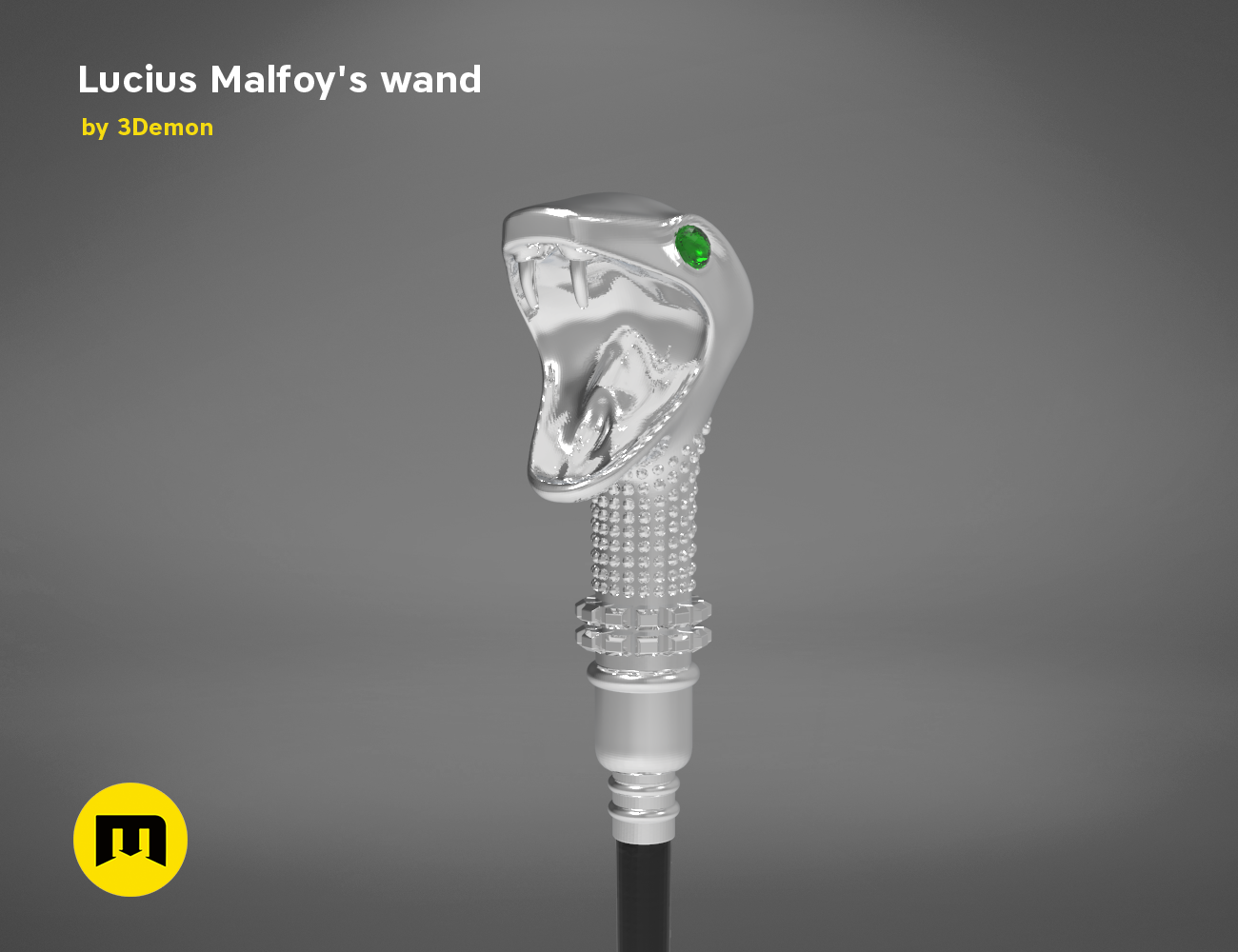 Lucius Malfoy’s Wand STL, silver 3D printed cosplay prop, detailed serpent head with emerald eye