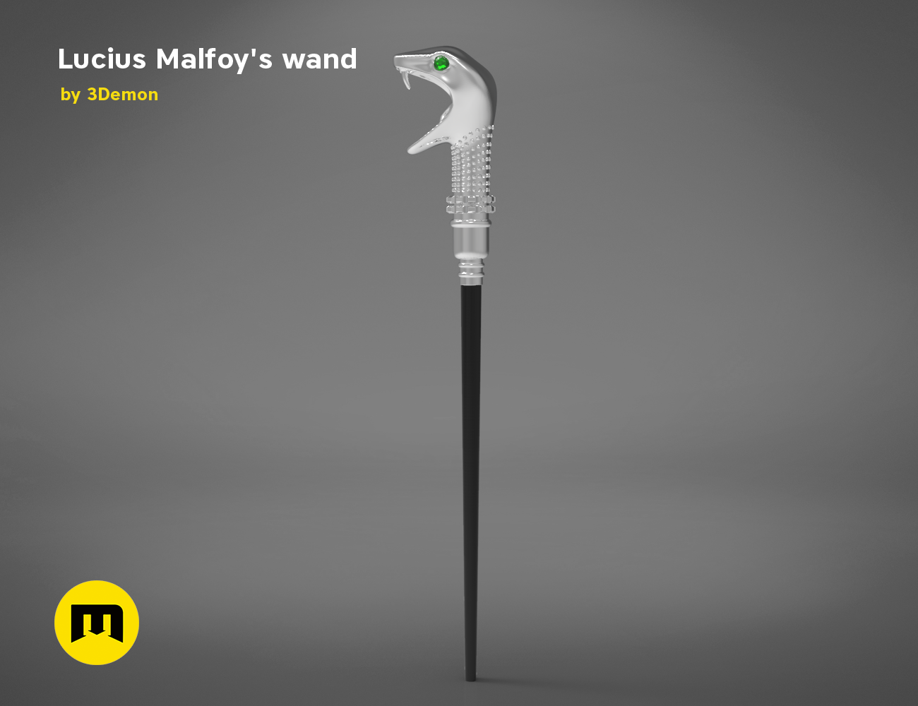 Rendered 3D model of Lucius Malfoy’s Wand STL, silver snake-tipped cosplay prop, 3D print.