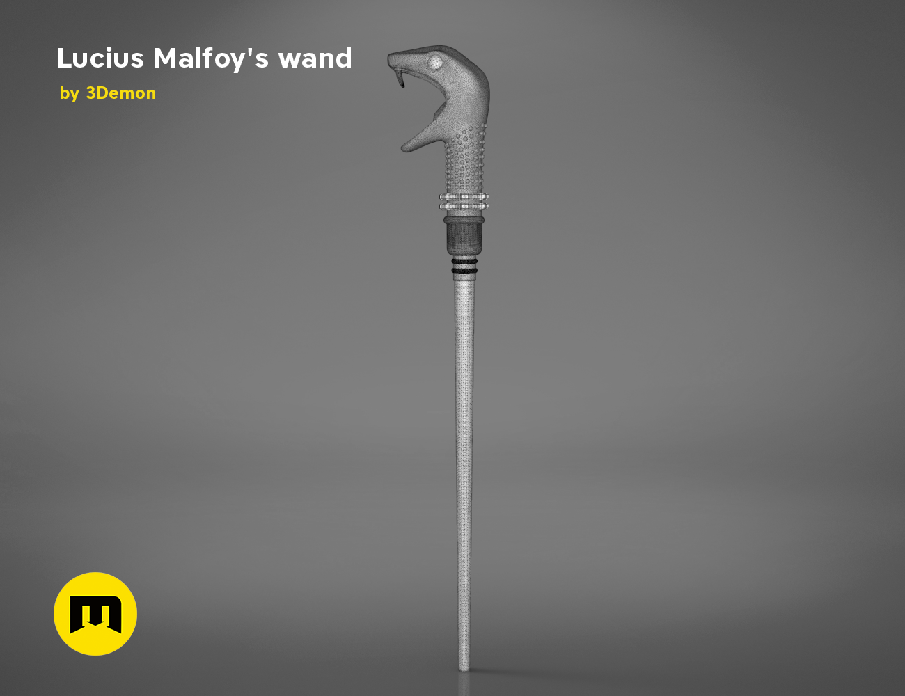 Digital 3D render of Lucius Malfoy’s Wand STL, snake-head hilt with textured grip, 3D print cosplay prop.