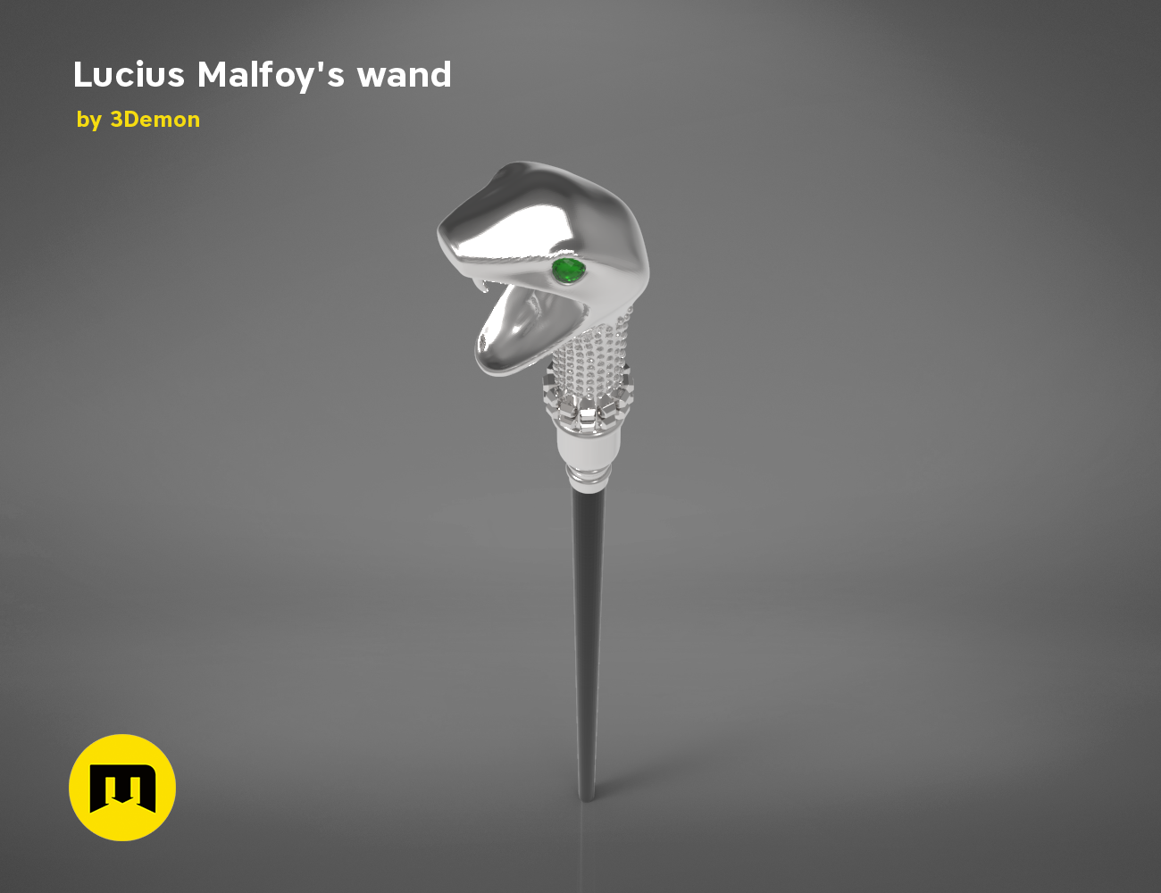 Digital 3D render of Lucius Malfoy’s Wand STL, silver hilt with green gem, 3D print cosplay prop