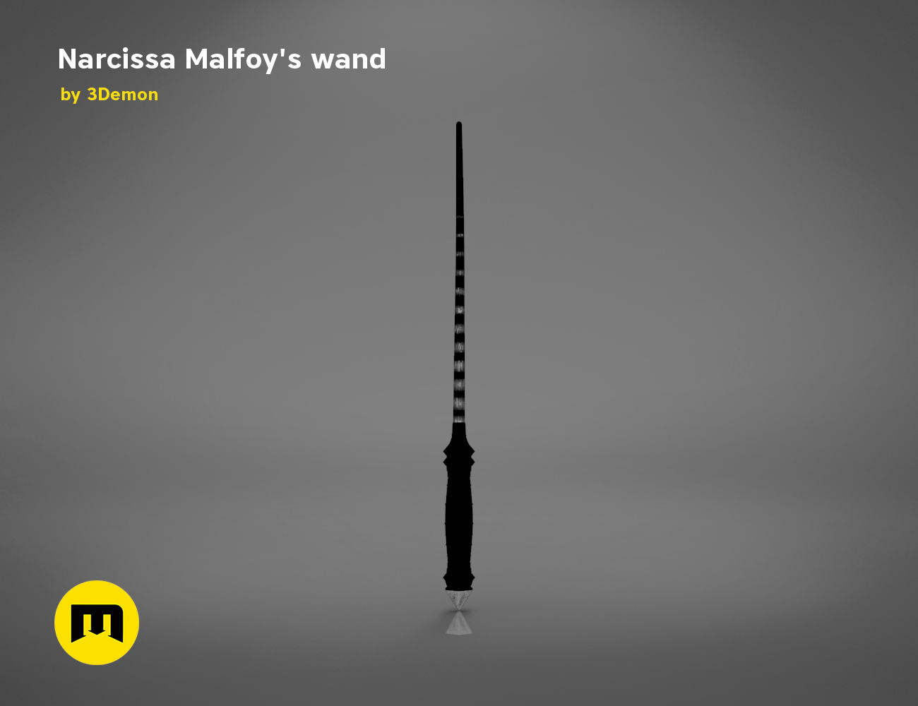 Painted 3D render of Narcissa Malfoy’s Wand STL, sleek black wand on dark gradient, 3D print cosplay prop.