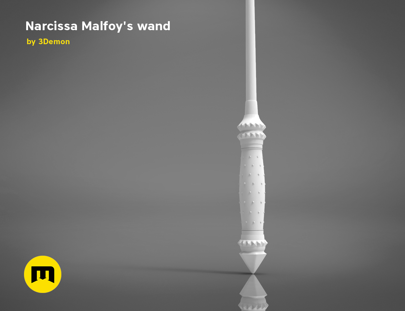 CAD render of Narcissa Malfoy’s Wand STL, sleek white 3D printed cosplay prop, intricate tip detail