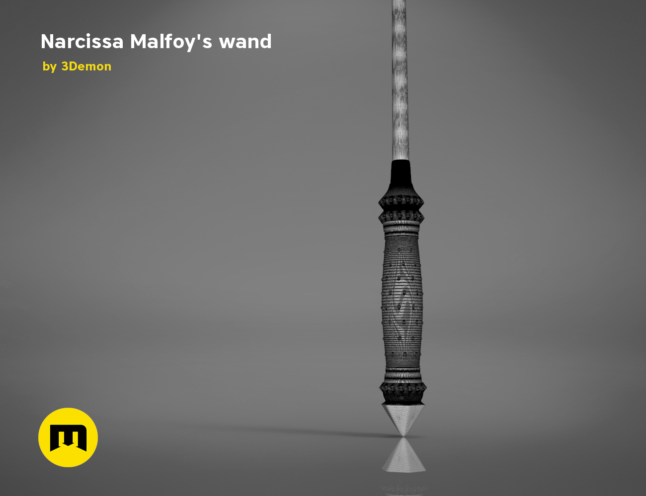 Painted 3D render of Narcissa Malfoy’s Wand STL, sleek black wand with intricate gold filigree, 3D print cosplay prop.