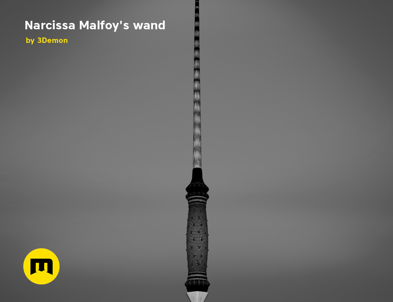 Rendered 3D model of Narcissa Malfoy’s Wand STL, sleek black textured cosplay prop, 3D print.