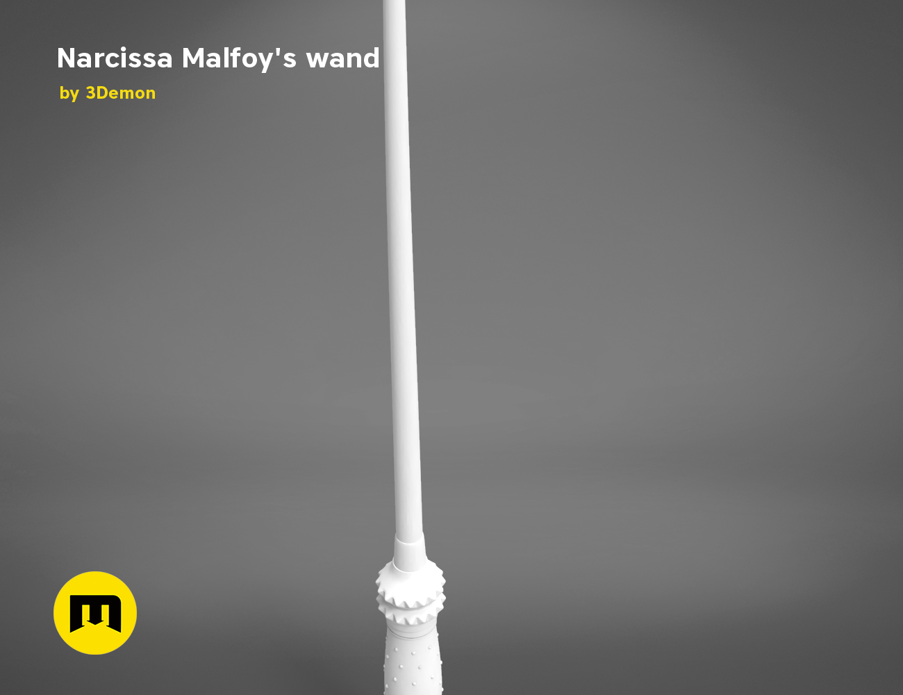 Painted 3D render of Narcissa Malfoy’s Wand, sleek white wand on dark gradient, 3D print cosplay prop.