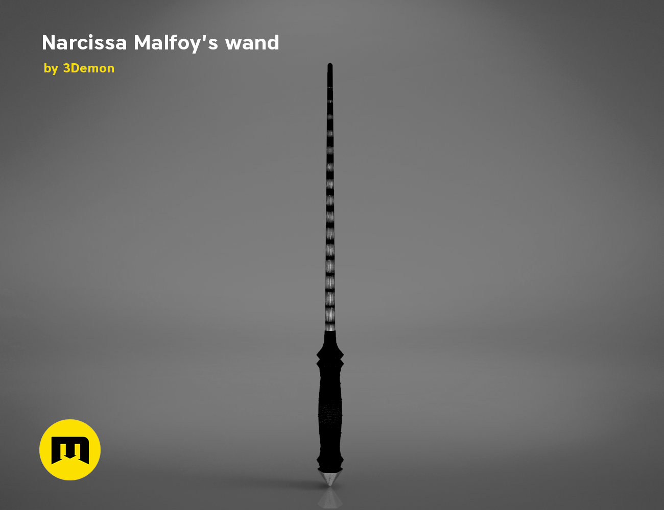 CAD render of Narcissa Malfoy’s Wand STL, sleek black wand with silver stripes, 3D print cosplay prop.