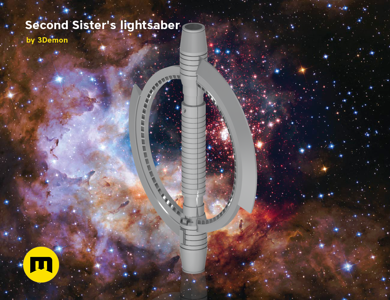Painted 3D render of Second Sister's lightsaber - Star Wars, glowing cosmic blade, 3D print cosplay prop.