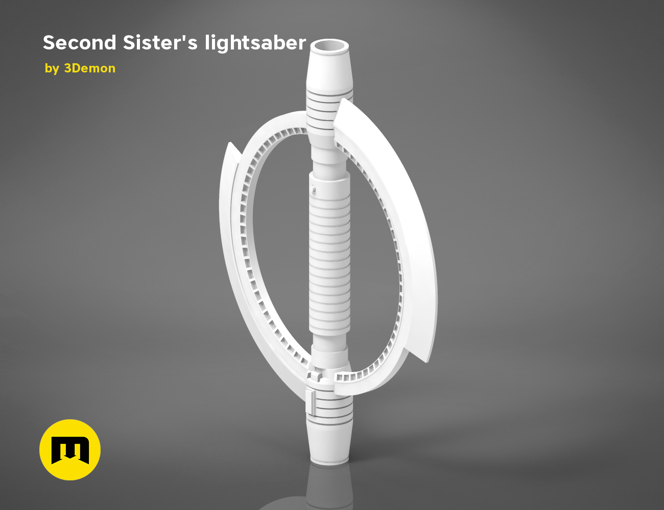 Painted 3D render of Second Sister’s lightsaber, white hilt with curved guard, Star Wars cosplay prop