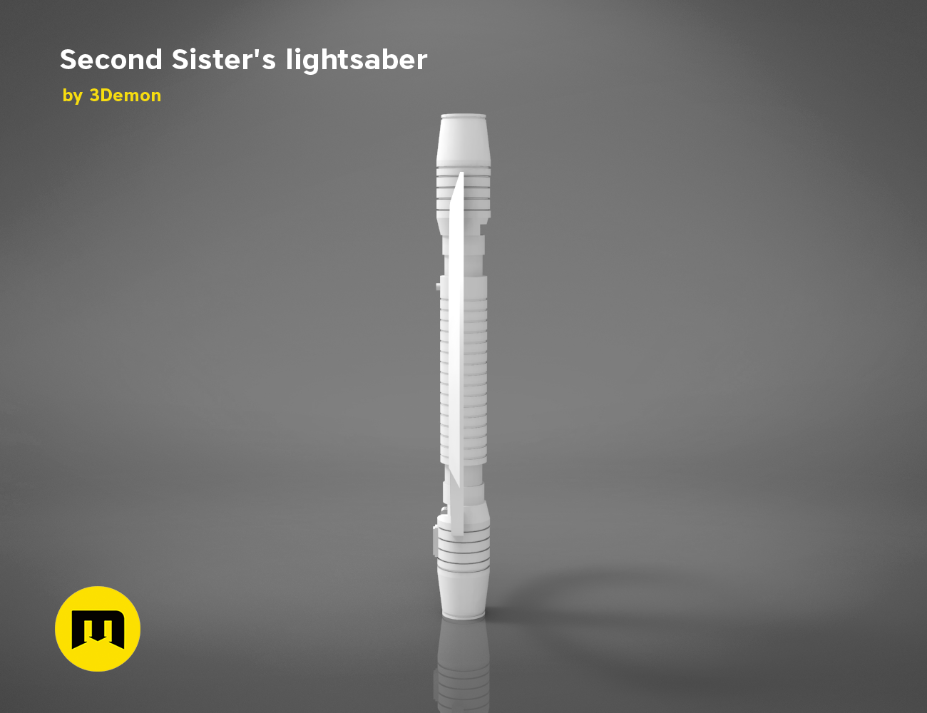 Painted 3D render of Second Sister’s lightsaber, white hilt with ridged emitter, Star Wars cosplay prop