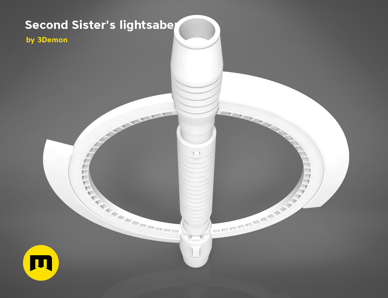 Painted 3D render of Second Sister’s lightsaber, white hilt with ring guard, Star Wars cosplay prop.