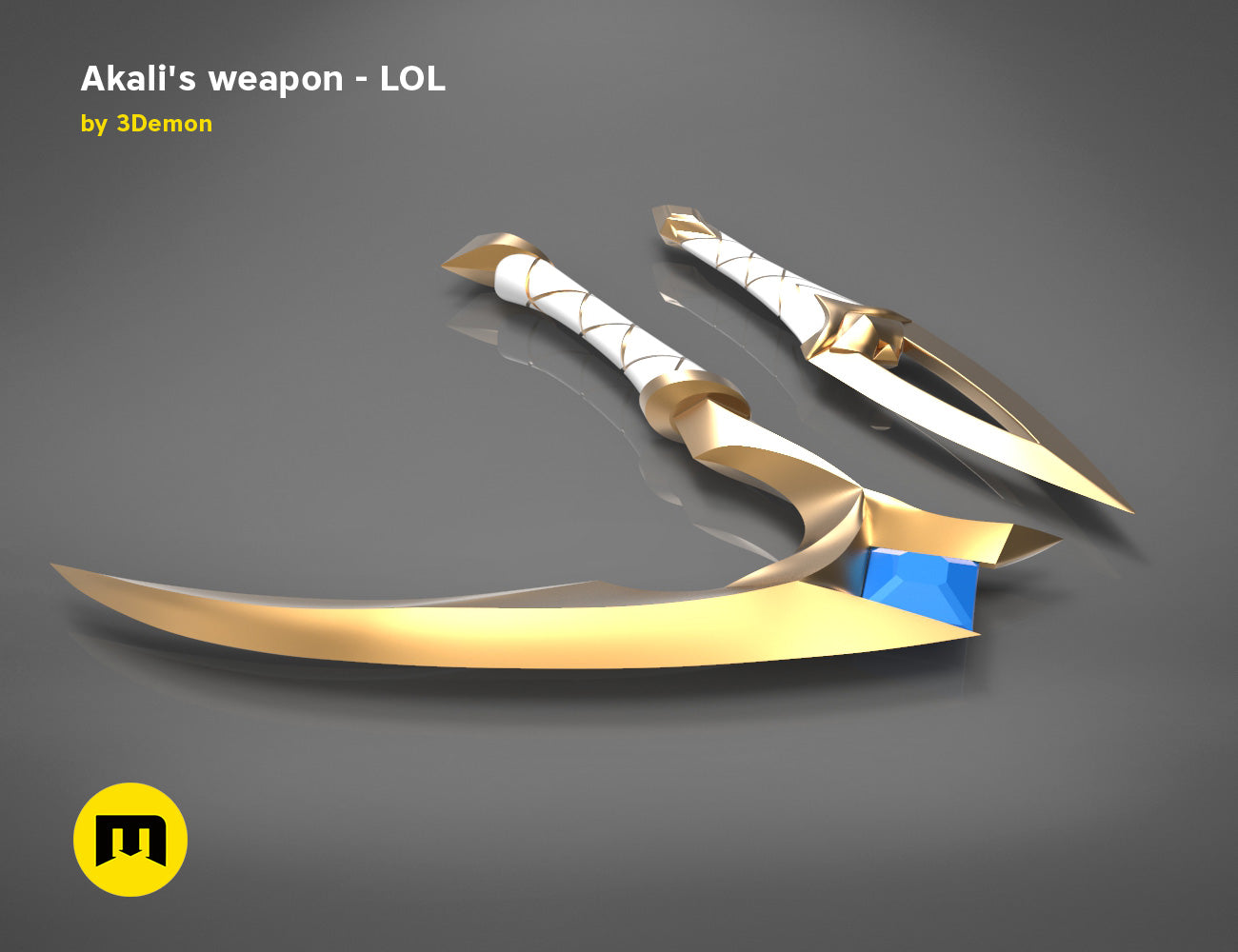 Printable 3D model of KDA Akali’s Weapons - League of Legends, golden curved blade with dual daggers, 3D print cospla...