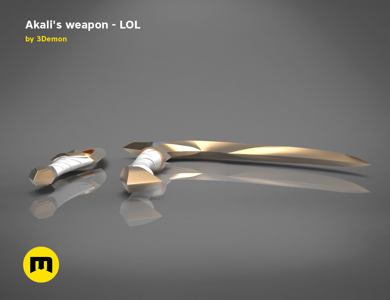 Digital 3D render of KDA Akali’s Weapons - League of Legends, curved blade and hilt cosplay prop, 3D print.