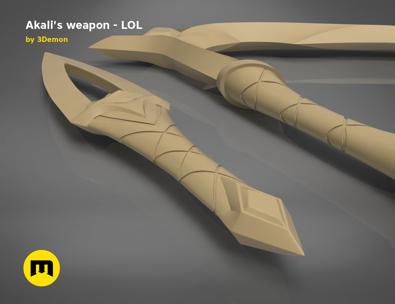 Painted 3D render of KDA Akali’s Weapons - League of Legends, golden dual-blade daggers, 3D print cosplay prop.