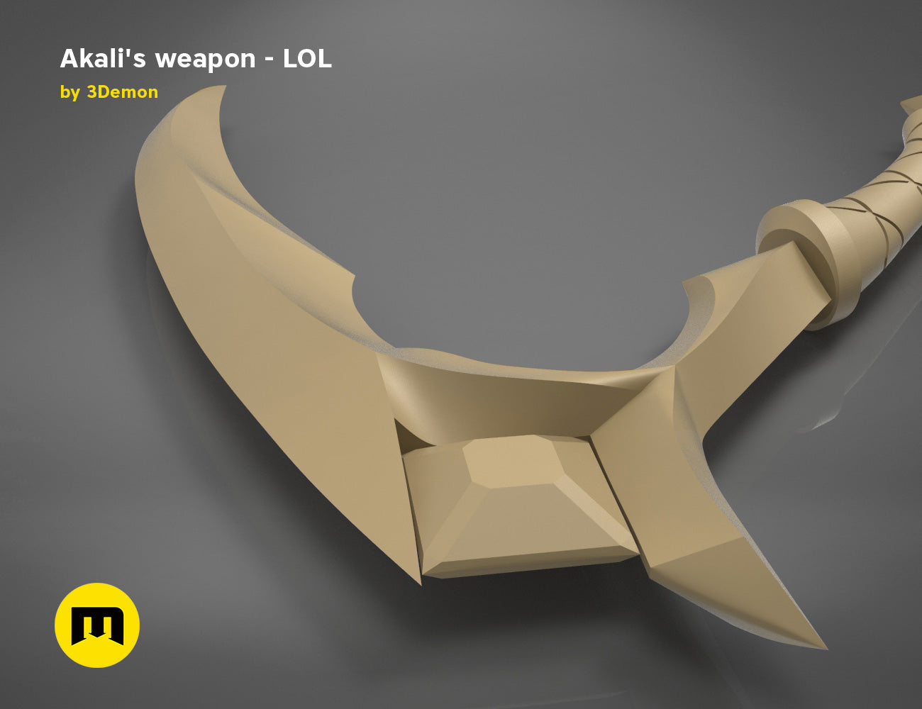 3D model render of KDA Akali’s Weapons - League of Legends, golden curved blade cosplay prop STL