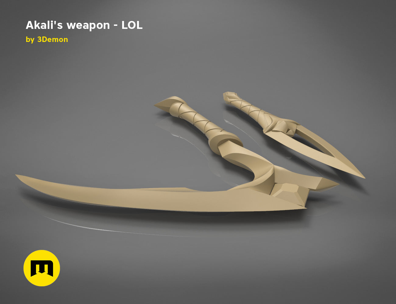 Painted 3D render of KDA Akali’s Weapons - League of Legends, dual-blade scimitars cosplay prop
