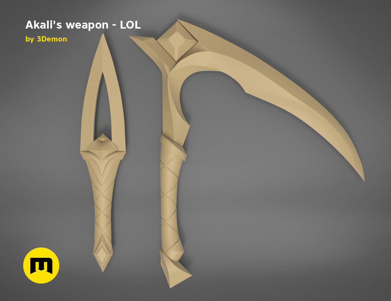 3D visualization of KDA Akali’s Weapons - League of Legends, dual curved blades 3D print cosplay prop.