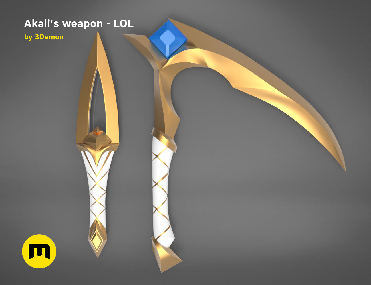 KDA Akali’s Weapons - League of Legends STL, golden scythe and dagger 3D print cosplay prop.