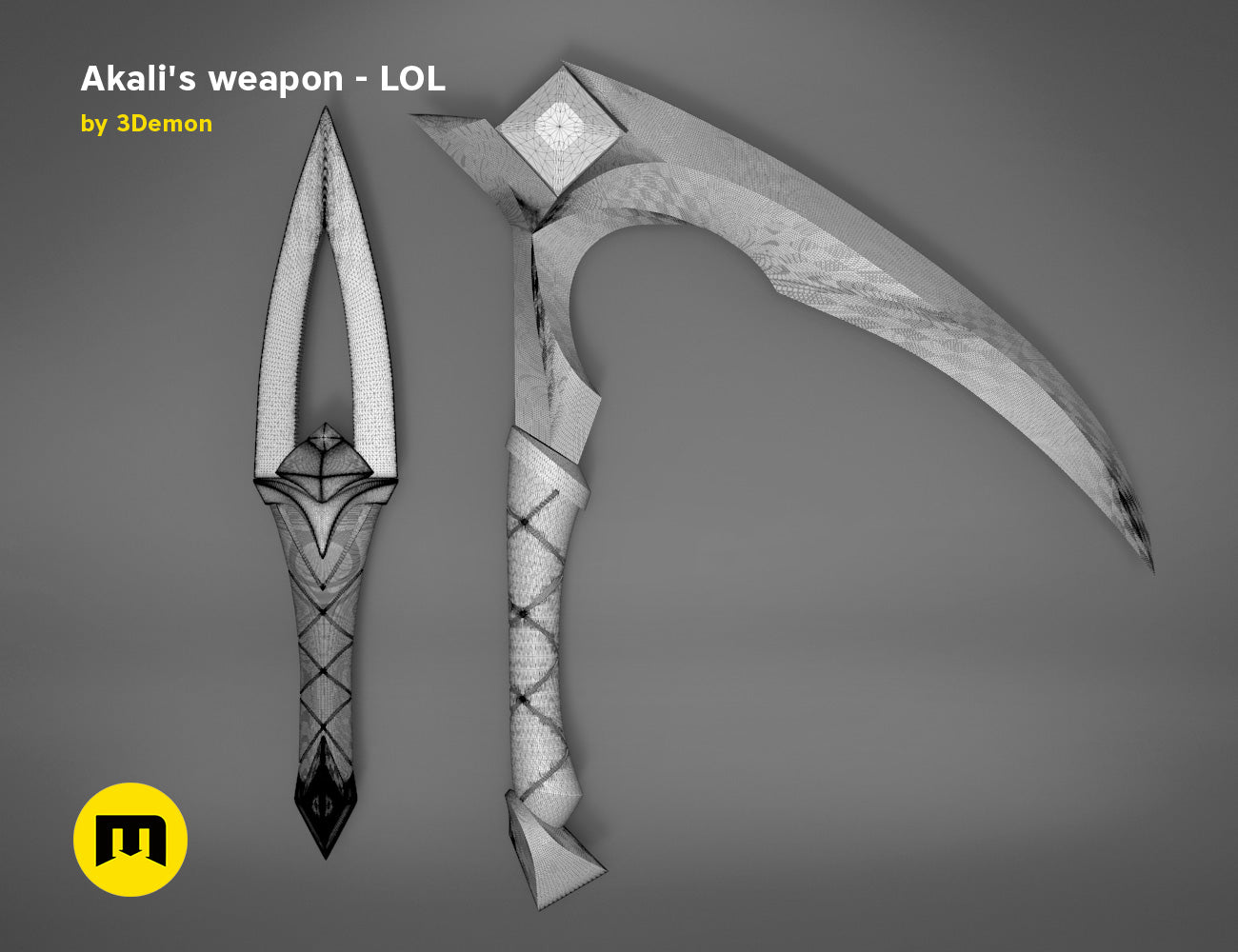 KDA Akali’s Weapons - League of Legends STL, dual curved blades mesh render, 3D print cosplay prop