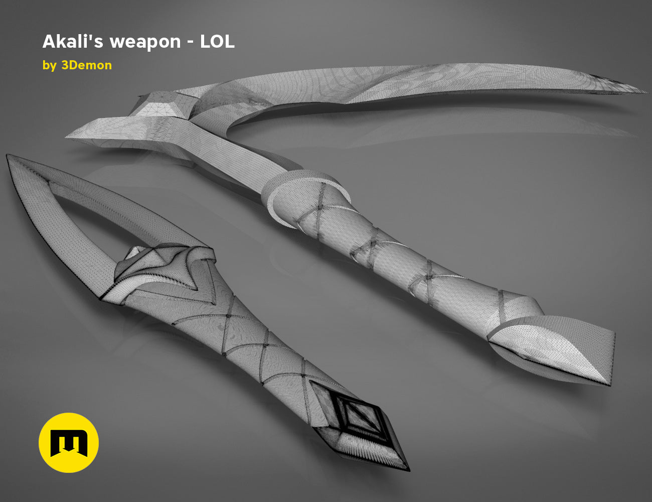 Wireframe mesh render of Akali’s Weapons STL, side polygon structure, 3D print cosplay prop